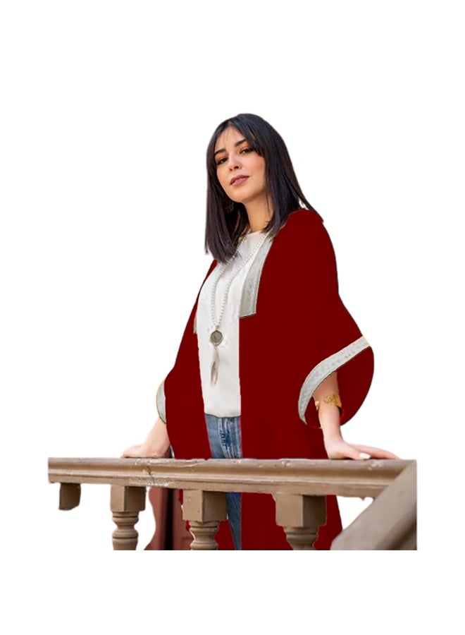 SunSet Kaftan Abaya Silver Embroidered Chiffon Sunset RED - Image 2